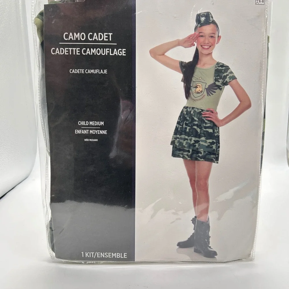 NEW Camo Cadet Costume Girls Medium 6-8‎ Camouflage Dress Hat Headband Halloween